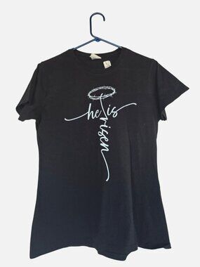 Port & Co "He Has Risen" Christian Culture Tee T Shirt Black White Womens Size L